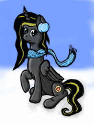 Size: 960x1280 | Tagged: safe, artist:brightstarclick, oc, oc:sable, alicorn, alicorn oc, clothes, earmuffs, looking at you, scarf, simple background, snow, solo