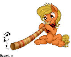 Size: 1500x1220 | Tagged: safe, artist:rubiont, derpibooru exclusive, oc, oc only, earth pony, pony, clothes, didgeridoo, female, mare, music notes, musical instrument, scarf, simple background, sitting, solo, transparent background