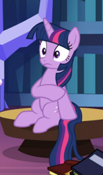 Size: 418x708 | Tagged: safe, screencap, twilight sparkle, twilight sparkle (alicorn), alicorn, dragon dropped, cropped, reaction image, sitting, solo, table