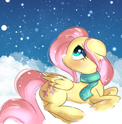 Size: 1515x1549 | Tagged: safe, artist:autumnvoyage, fluttershy, pegasus, pony, blushing, clothes, cute, cutie mark, female, floppy ears, looking back, mare, scarf, shyabetes, snow, solo