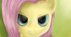 Size: 1239x658 | Tagged: safe, artist:fly-gray, fluttershy, pegasus, pony, bedroom eyes, bust, close-up, grin, looking at you, palindrome get, portrait, scene interpretation, smiling, solo