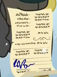 Size: 290x391 | Tagged: safe, screencap, yak, uprooted, cropped, female, handwriting, mouth hold, paper, permission slip, scroll, signature, written equestrian, yona's mom