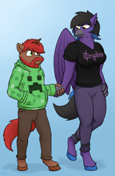 Size: 792x1216 | Tagged: safe, artist:captainzepto, oc, oc only, oc:ginger snap, oc:tech tonic, anthro, classical hippogriff, hippogriff, unguligrade anthro, unicorn, abstract background, clothes, creeper, duo, female, hippogriff oc, holding hands, hoodie, larger female, male, minecraft, muscles, muscular female, oc x oc, pants, shipping, shirt, size difference, smaller male, smiling, stallion, straight, t-shirt