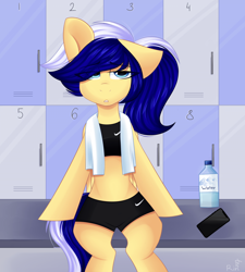 Size: 1920x2133 | Tagged: safe, artist:rinteen, oc, oc only, pegasus, pony, locker room, phone, photo, sitting, solo, towel, water bottle