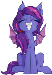 Size: 806x1155 | Tagged: safe, artist:t72b, derpibooru exclusive, oc, oc:evening's dawn, bat pony, pony, 2020 community collab, bat pony oc, cute, cute little fangs, derpibooru community collaboration, eyes closed, fangs, female, grin, ocbetes, simple background, sitting, smiling, solo, transparent background