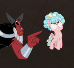 Size: 338x314 | Tagged: safe, screencap, cozy glow, lord tirek, centaur, pegasus, pony, frenemies (episode), cozy glow is not amused, cropped, female, filly, male