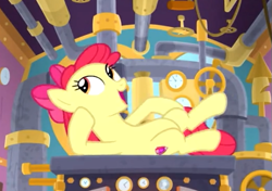 Size: 563x397 | Tagged: safe, screencap, apple bloom, earth pony, pony, growing up is hard to do, being big is all it takes, cropped, cutie mark, female, hoof on cheek, lying down, mare, older, older apple bloom, open mouth, solo, the cmc's cutie marks