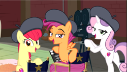 Size: 1374x774 | Tagged: safe, screencap, apple bloom, scootaloo, sweetie belle, earth pony, pegasus, pony, unicorn, growing up is hard to do, being big is all it takes, butt, chair, cropped, cutie mark, cutie mark crusaders, director's chair, female, film projector, hat, lidded eyes, looking at you, looking back, looking back at you, mare, older, older apple bloom, older cmc, older scootaloo, older sweetie belle, open mouth, plot, sitting, smiling, the cmc's cutie marks, trio