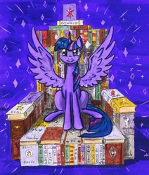 Size: 916x1080 | Tagged: safe, artist:select name, twilight sparkle, twilight sparkle (alicorn), alicorn, pony, book, bookhorse, that pony sure does love books, throne