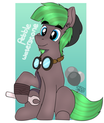 Size: 671x790 | Tagged: safe, artist:almond evergrow, oc, oc:pebble waterstone, earth pony, pony, goggles, male, mechanic, solo, stallion, wrench