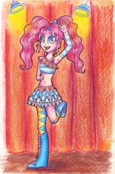 Size: 2304x3500 | Tagged: safe, artist:0okami-0ni, pinkie pie, human, equestria girls, armpits, belly button, boots, clothes, female, midriff, miniskirt, pigtails, shoes, skirt, solo, traditional art, twintails