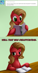 Size: 834x1602 | Tagged: safe, artist:aschenstern, oc, oc:pun, earth pony, pony, ask, ask pun, book, female, mare, solo