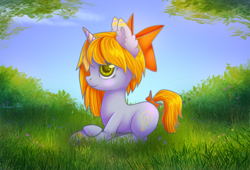 Size: 2349x1600 | Tagged: safe, artist:0okami-0ni, oc, oc only, bow, female, filly, solo, tail bow