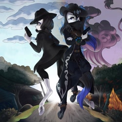 Size: 3000x3000 | Tagged: safe, artist:hollybright, oc, oc:frontier justice, oc:shadow spade, unguligrade anthro, unicorn, fallout equestria, fallout equestria: kingpin, alter ego, aura, beauty mark, black eyeshadow, blank, blank of rarity, blue eyes, clothes, commissioner:genki, cowboy hat, cowboy outfit, dead eyes, detective, discharge, fedora, gun, handgun, hat, magic, magic aura, mane highlights, messy mane, mutation, not rarity, pipbuck, pistol, scar, spurs, trenchcoat, unicorn oc, vigilante, weapon, wet mane