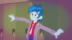Size: 1280x720 | Tagged: safe, screencap, thunderbass, equestria girls, music to my ears, rainbow rocks, arms spread out, background human, clothes, jacket, lockers, male, necktie, smiling, solo