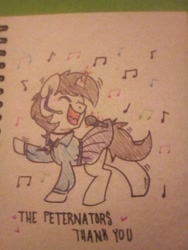Size: 1536x2048 | Tagged: safe, artist:paperbagpony, oc, oc only, oc:heroic armour, pony, unicorn, clothes, crossdressing, cute, dancing, headset mic, male, microphone, miniskirt, music notes, singing, skirt, solo, stallion, text, traditional art