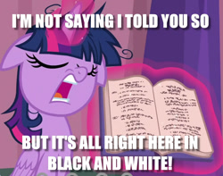 Size: 940x741 | Tagged: safe, edit, edited screencap, screencap, twilight sparkle, twilight sparkle (alicorn), alicorn, a trivial pursuit, book, bragging, caption, cropped, glowing horn, horn, image macro, impact font, messy mane, snobby, solo, text