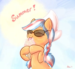 Size: 961x891 | Tagged: safe, artist:avui, oc, oc:ember, oc:ember (hwcon), pony, braid, eyes closed, food, hearth's warming con, ice cream, ice cream cone, licking, mascot, netherlands, solo, summer, sunglasses, tongue out