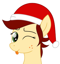 Size: 3243x3475 | Tagged: safe, oc, oc only, oc:canni soda, earth pony, pony, :p, christmas, cute, female, galacon, galacon mascot, hat, holiday, mare, mascot, one eye closed, santa hat, simple background, tongue out, transparent background, wink