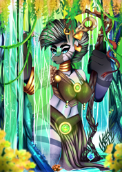 Size: 2480x3508 | Tagged: safe, artist:iblisart, zecora, anthro, zebra, breasts, clothes, ear piercing, earring, female, forest, high res, jewelry, looking at you, piercing, solo, ze-bra buster