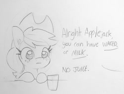 Size: 1070x814 | Tagged: safe, artist:tjpones, part of a set, applejack, earth pony, pony, apple, applejack's hat, black and white, cowboy hat, dialogue, female, glass, grayscale, hat, mare, monochrome, offscreen character, simple background, that pony sure does love apples, traditional art, white background