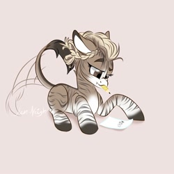 Size: 2000x2000 | Tagged: safe, artist:jen-neigh, oc, oc only, oc:mikaella, hybrid, zonkey, fallout equestria, alphabet, confused, lying down, mouth writing, pencil, solo, writing