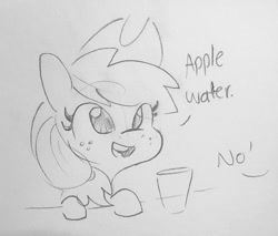 Size: 1023x870 | Tagged: safe, artist:tjpones, part of a set, applejack, earth pony, pony, apple, applejack's hat, black and white, cowboy hat, cute, dialogue, female, freckles, glass, grayscale, hat, jackabetes, mare, monochrome, offscreen character, simple background, that pony sure does love apples, traditional art, white background