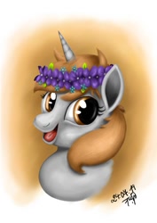 Size: 752x1063 | Tagged: safe, artist:james_nougat, oc, oc only, oc:dorm pony, pony, unicorn, bust, female, floral head wreath, flower, flower in hair, happy, mare, portrait, signature