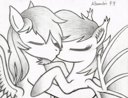 Size: 3284x2522 | Tagged: safe, oc, oc:nolegs, oc:summer scorch, bat pony, pegasus, bat pony oc, couple, eyes closed, female, holding, kissing, male, scorchlegs, shipping, straight, traditional art