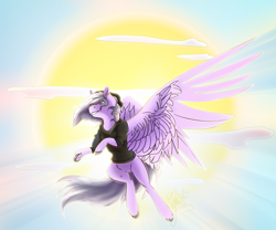 Size: 3600x3000 | Tagged: safe, artist:artsbymilky, oc, oc:eventide, pegasus, pony, clothes, flying, hoodie, scenery, sky, sun, unshorn fetlocks