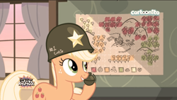 Size: 1280x720 | Tagged: safe, derpibooru import, edit, edited screencap, screencap, applejack, earth pony, pony, friendship is witchcraft, going to seed, cartoonito logo, female, grenade, helmet, how applejack won the war, italian, mare, solo