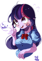 Size: 1269x1832 | Tagged: safe, artist:tohupo, twilight sparkle, equestria girls, blushing, bust, dialogue, female, hello, open mouth, shy, simple background, smiling, solo, sweat, sweatdrops, waving, white background