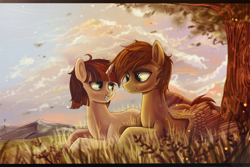 Size: 2000x1333 | Tagged: safe, artist:fly-gray, oc, oc only, pegasus, pony, unicorn, couple, cute, mountain, scenery, shipping, tree