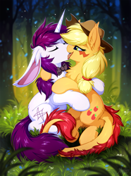 Size: 953x1280 | Tagged: safe, artist:hioshiru, derpibooru import, applejack, oc, oc:lapush buns, monster pony, original species, tatzlpony, unicorn, bunny ears, bunnycorn, canon x oc, cuddling, forest, kissing, monster mare, species swap, tatzljack