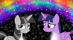 Size: 1800x1000 | Tagged: safe, artist:andoanimalia, twilight sparkle, twilight sparkle (alicorn), alicorn, pony, crying, duality, gray, happy, magic, rainbow, shine, solo, sparkles, twolight