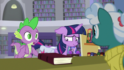 Size: 1920x1080 | Tagged: safe, screencap, bellflower blurb, pokey pierce, sea swirl, seafoam, spike, twilight sparkle, twilight sparkle (alicorn), alicorn, dragon, the point of no return, book, bookshelf, floppy ears, library, saddle bag, winged spike