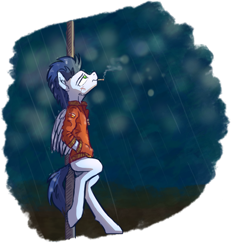 Size: 1625x1757 | Tagged: safe, artist:helmie-art, soarin', pegasus, pony, leaning, looking up, male, rain, simple background, smoking, solo, stallion, transparent background