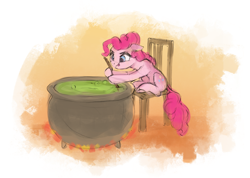 Size: 2931x2089 | Tagged: safe, artist:vanillaghosties, derpibooru import, pinkie pie, earth pony, pony, atg 2019, cauldron, chair, female, floppy ears, mare, newbie artist training grounds, sitting, solo, tongue out