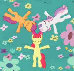 Size: 771x738 | Tagged: safe, screencap, apple bloom, scootaloo, sweetie belle, earth pony, pegasus, pony, unicorn, growing up is hard to do, cropped, cutie mark crusaders, eyes closed, flower, lying down, meadow, older, older apple bloom, older cmc, older scootaloo, older sweetie belle, on back, smiling, trio