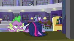 Size: 1920x1080 | Tagged: safe, screencap, pokey pierce, sea swirl, seafoam, spike, twilight sparkle, twilight sparkle (alicorn), alicorn, dragon, the point of no return, book, bookshelf, facedesk, headdesk, library, saddle bag, winged spike