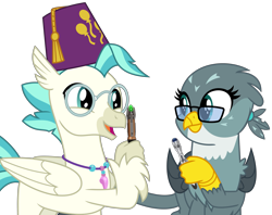 Size: 5321x4223 | Tagged: safe, alternate version, artist:sketchmcreations, derpibooru exclusive, edit, gabby, terramar, classical hippogriff, griffon, hippogriff, the last crusade, day of the doctor, doctor who, eleventh doctor, female, fez, glasses, hat, looking at each other, male, open mouth, simple background, smiling, sonic screwdriver, tenth doctor, transparent background, vector
