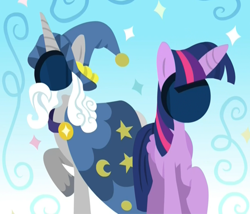 Size: 1174x1005 | Tagged: safe, edit, edited screencap, screencap, star swirl the bearded, twilight sparkle, twilight sparkle (alicorn), alicorn, pony, uprooted, cropped, duo, face hole board, female, male, mare, painting, stallion