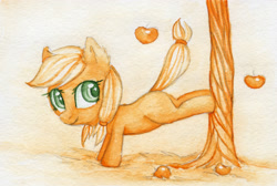 Size: 3349x2248 | Tagged: safe, artist:0okami-0ni, applejack, earth pony, pony, female, filly, solo, traditional art, tree, tree bucking