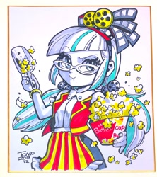 Size: 1740x1961 | Tagged: safe, artist:babtyu, juniper montage, equestria girls, mirror magic, spoiler:eqg specials, :t, cute, female, food, junibetes, movie, movie reel, partial color, pigtails, popcorn, pouting, reel, solo, spoiled brat, traditional art