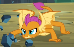 Size: 1014x649 | Tagged: safe, screencap, smolder, dragon, uprooted, behaving like a lizard, claws, cropped, crouching, cute, dragoness, fangs, female, horns, raised tail, rock, slit eyes, smiling, smolderbetes, solo, spread wings, tail, toes, wings