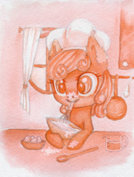 Size: 2184x2886 | Tagged: safe, artist:0okami-0ni, perfect pie, apple family member, batter, egg, egg beater, female, filly, food, frying pan, huevember, solo, traditional art