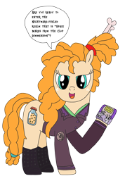 Size: 2448x3264 | Tagged: safe, artist:supahdonarudo, pear butter, alien pony, pony, bone, boots, clothes, cosplay, costume, dialogue, felicia day, freckles, hair bun, holding, kinga forrester, mare in the moon, moon, movie, mystery science theater 3000, shoes, speech bubble, voice actor joke