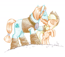 Size: 1802x1592 | Tagged: safe, artist:maran-zelde, applejack, rockhoof, earth pony, pony, eyes closed, female, kissing, male, mare, rearing, rockjack, shipping, simple background, stallion, straight, traditional art, white background