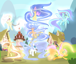 Size: 5999x4998 | Tagged: safe, artist:galaxyswirlsyt, oc, oc only, oc:apple pie, oc:destiny, oc:galaxy swirls, oc:party pie, oc:rainbow blitzes, oc:sky city, oc:velvet sentry, earth pony, hybrid, pegasus, pony, unicorn, absurd resolution, base used, female, generation xerox, glowing eyes, interspecies offspring, magic, mare, next generation, offspring, parent:applejack, parent:caramel, parent:cheese sandwich, parent:discord, parent:fancypants, parent:flash sentry, parent:fluttershy, parent:pinkie pie, parent:rainbow dash, parent:rarity, parent:soarin', parent:twilight sparkle, parents:carajack, parents:cheesepie, parents:discoshy, parents:flashlight, parents:raripants, parents:soarindash, rainbow power, rainbow power-ified