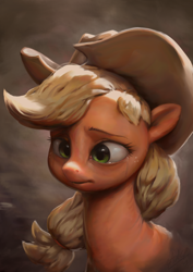 Size: 850x1200 | Tagged: safe, artist:assasinmonkey, applejack, earth pony, pony, cowboy hat, female, freckles, hat, mare, sad, solo, stetson, teary eyes, unhapplejack